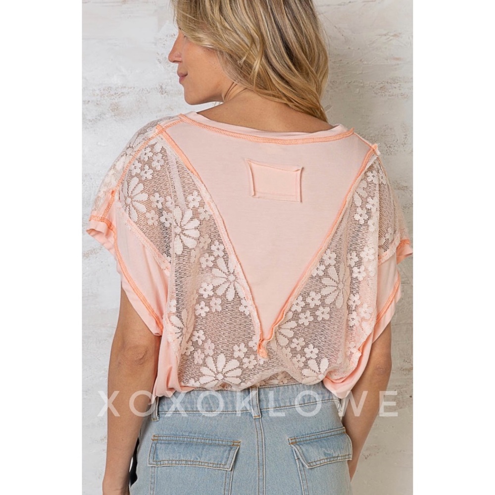 POL Pink Peach Rayon Jersey + Floral Lace Short Sleeve Top Oversized - Picture 7 of 16